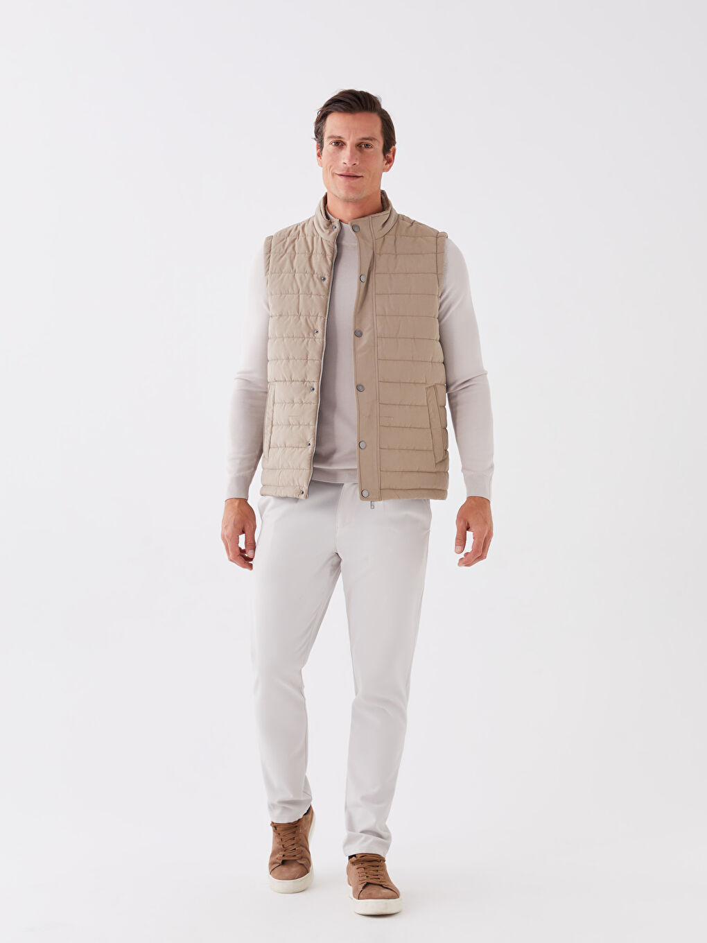 Bej Standart Kalıp Dik Yaka Erkek Şişme Yelek-2