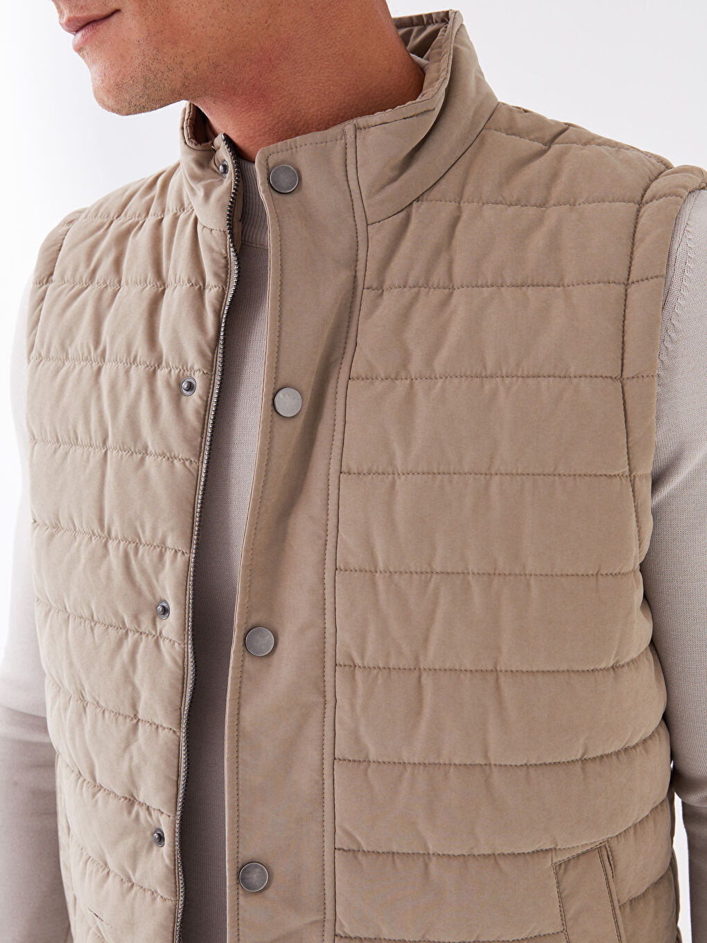 Bej Standart Kalıp Dik Yaka Erkek Şişme Yelek-3