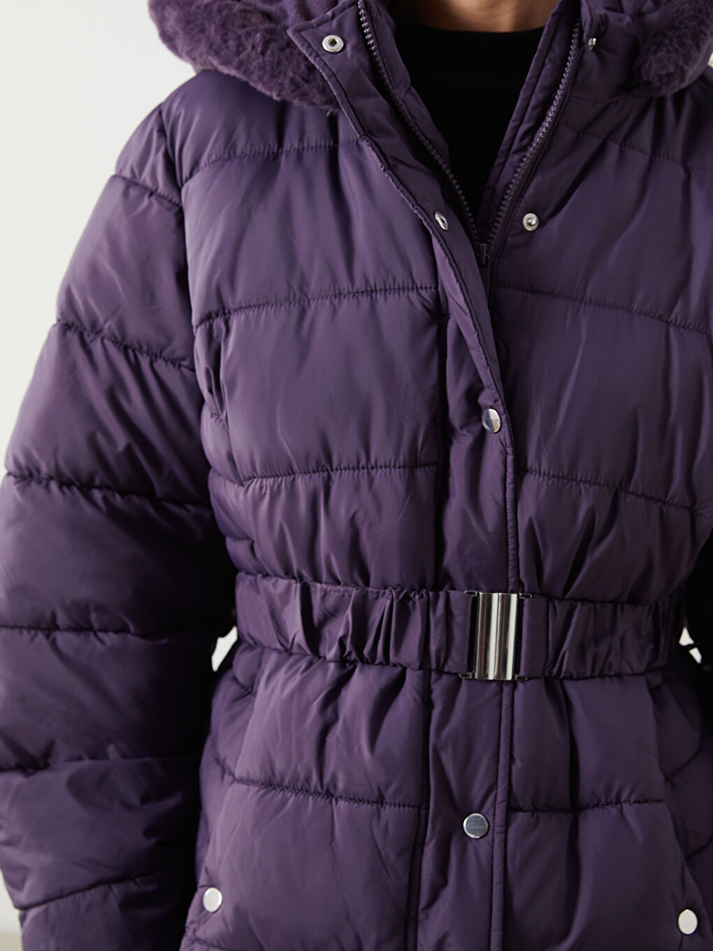 Mor Kapüşonlu Kadın Şişme Mont-2