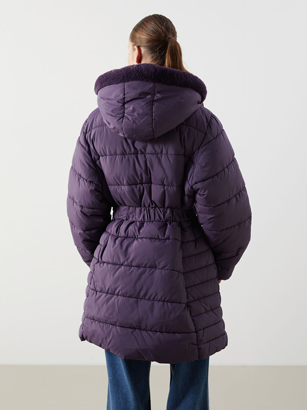 Mor Kapüşonlu Kadın Şişme Mont-4