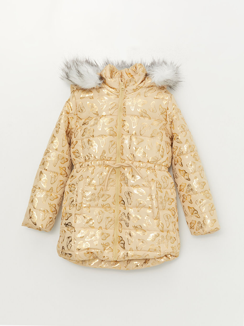 Bej Kapüşonlu Baskılı Kız Çocuk Mont