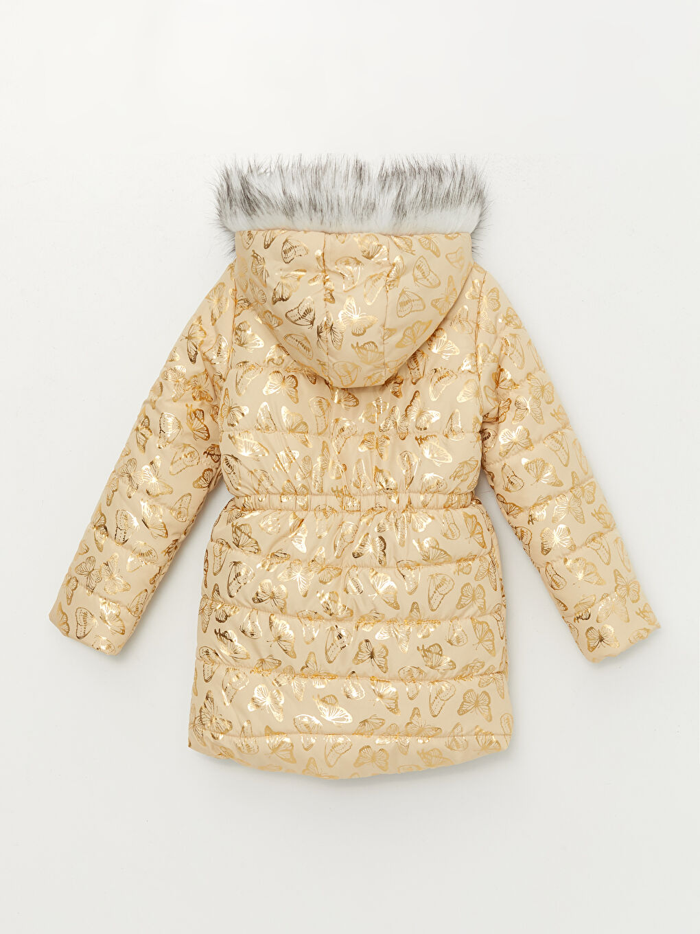 Bej Kapüşonlu Baskılı Kız Çocuk Mont-1