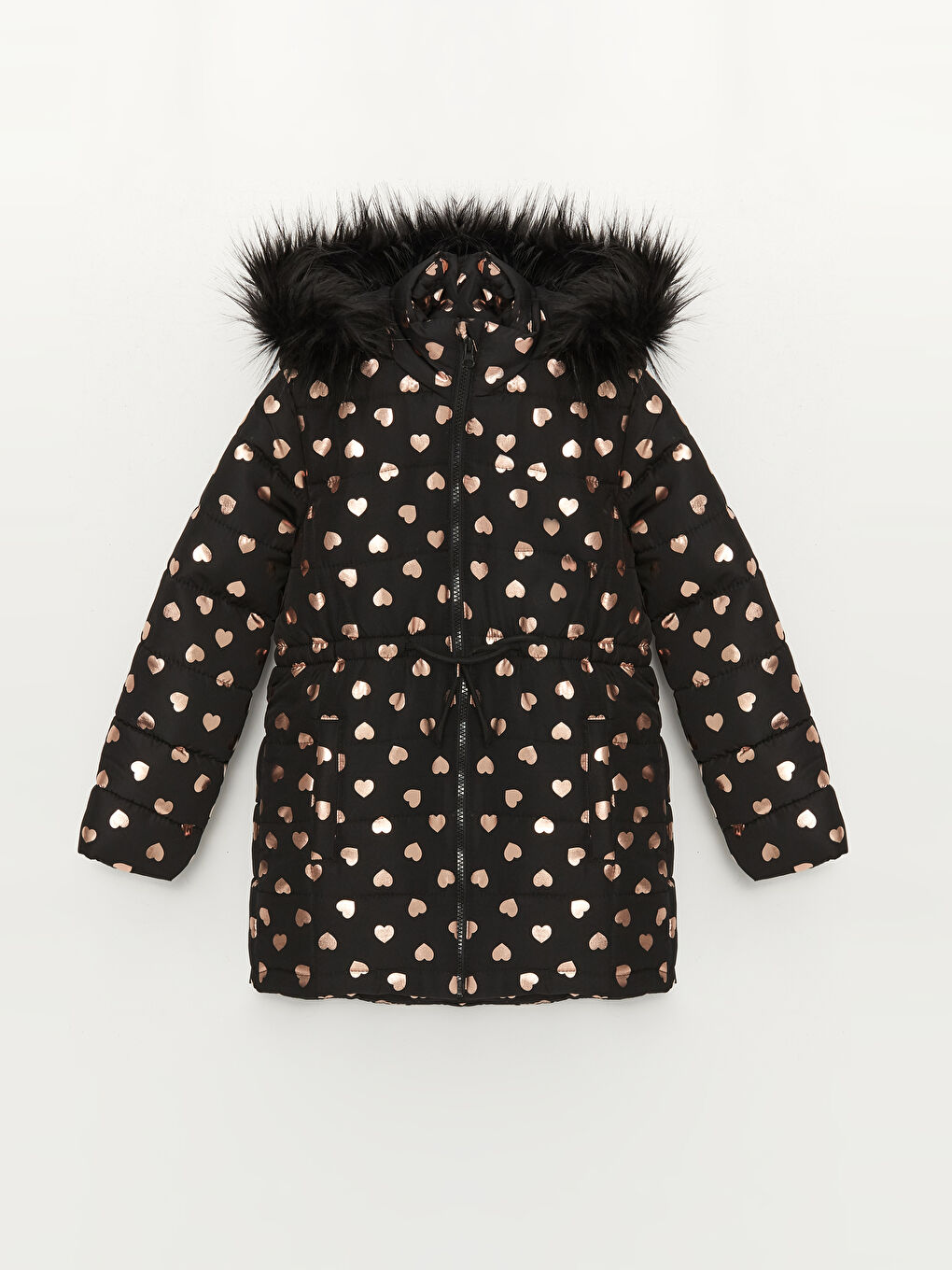 Siyah Kapüşonlu Baskılı Kız Çocuk Mont