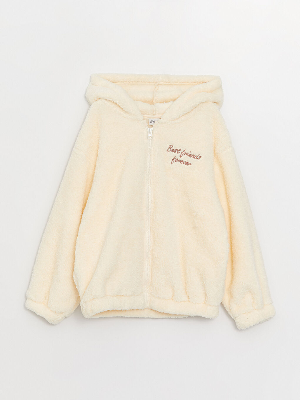 Ekru Kapüşonlu Nakışlı Uzun Kollu Pelüş Kız Çocuk Fermuarlı Sweatshirt