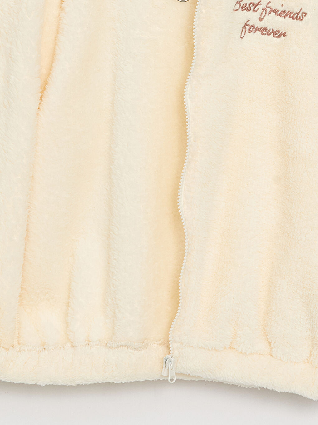 Ekru Kapüşonlu Nakışlı Uzun Kollu Pelüş Kız Çocuk Fermuarlı Sweatshirt-1