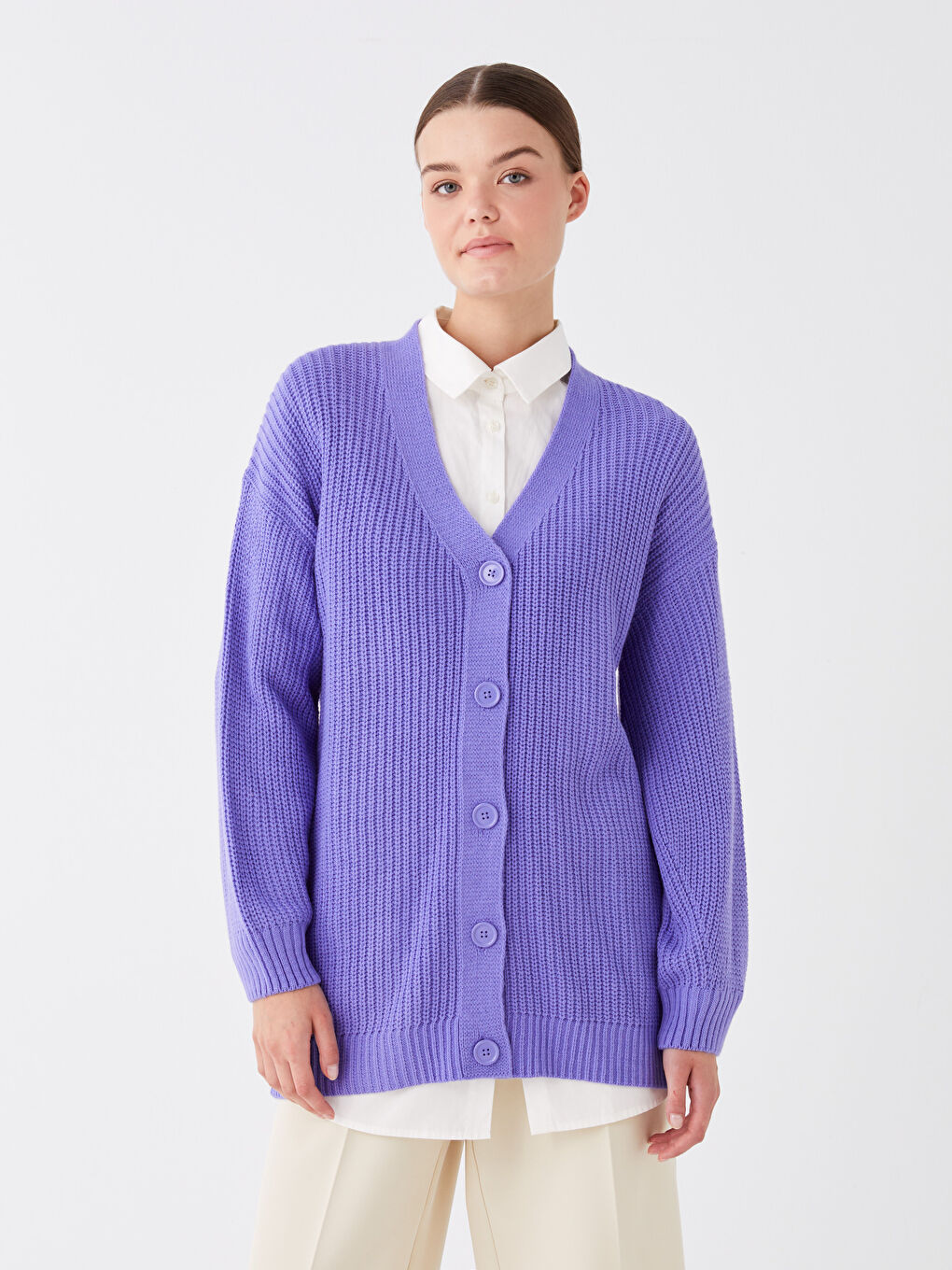 Mor V Yaka Oversize Kadın Triko Hırka-1