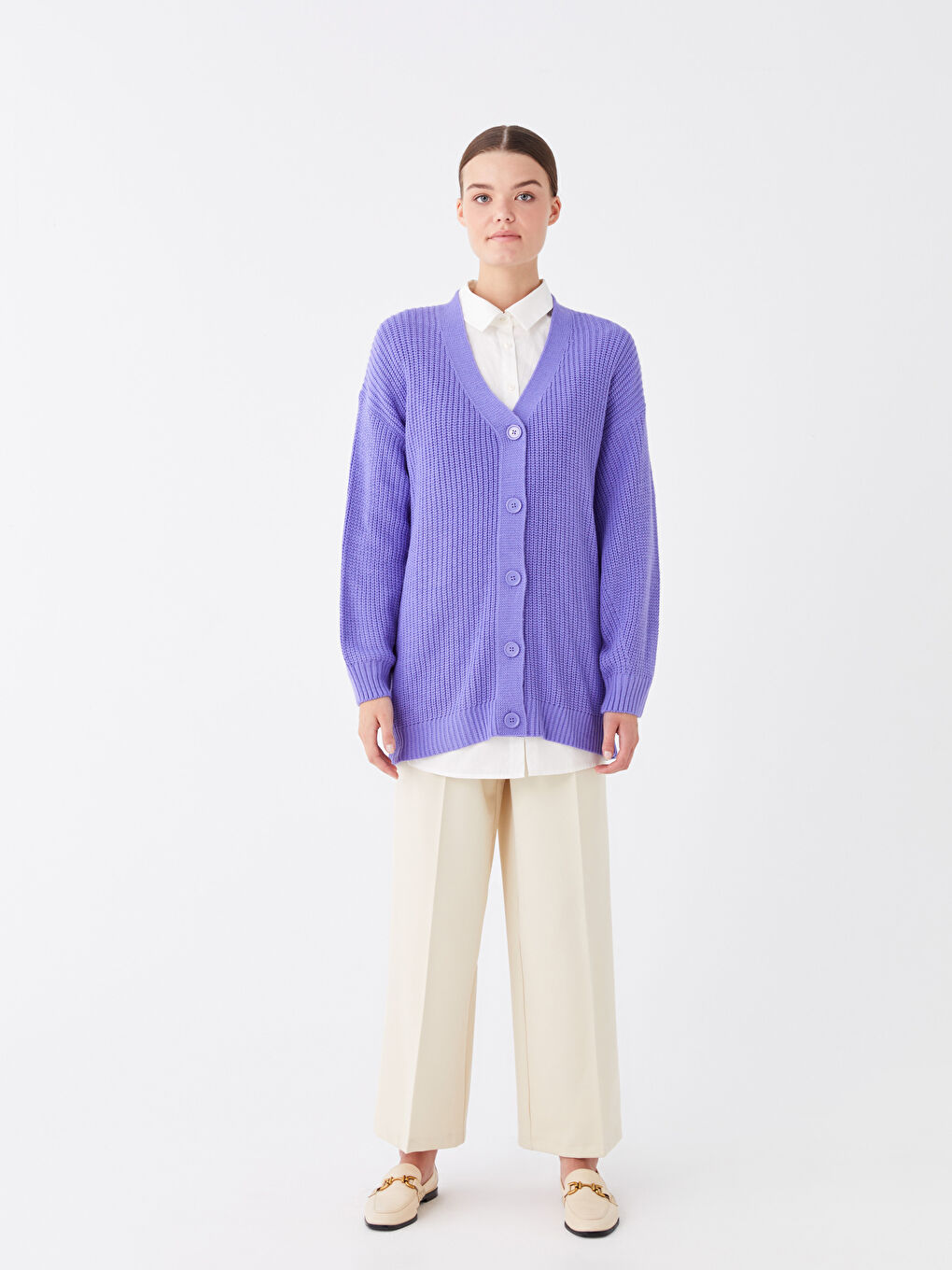 Mor V Yaka Oversize Kadın Triko Hırka-2