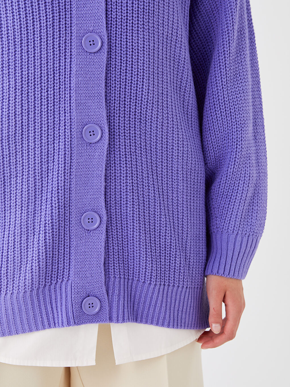 Mor V Yaka Oversize Kadın Triko Hırka-3