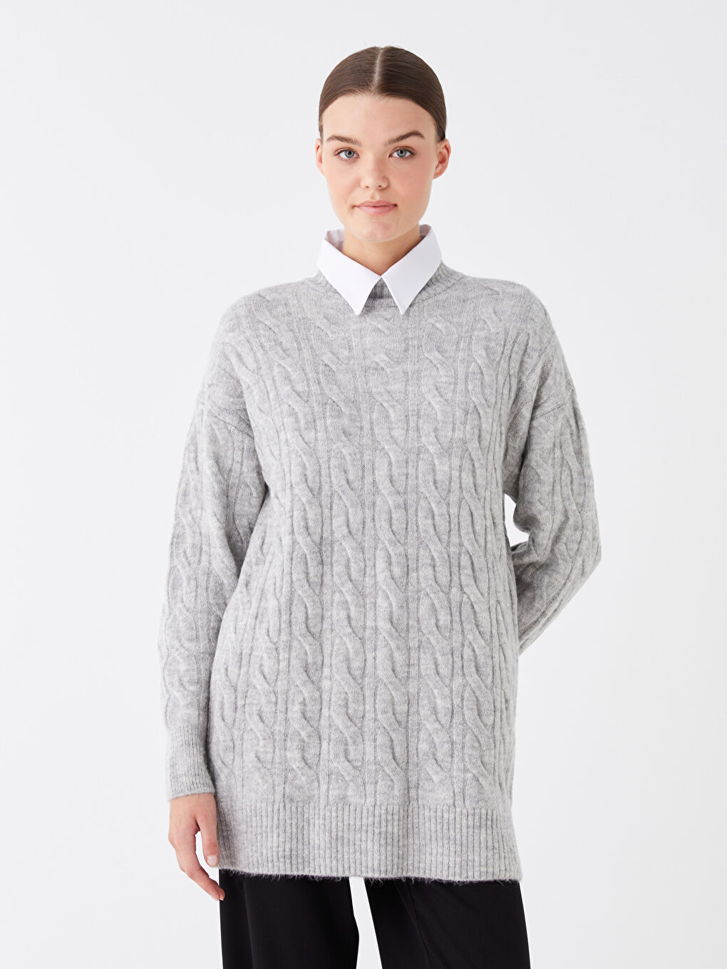 LCW Modest Grey Mel - Lacivert Yarım Balıkçı Yaka Kendinden Desenli Uzun Kollu Kadın Triko Tunik