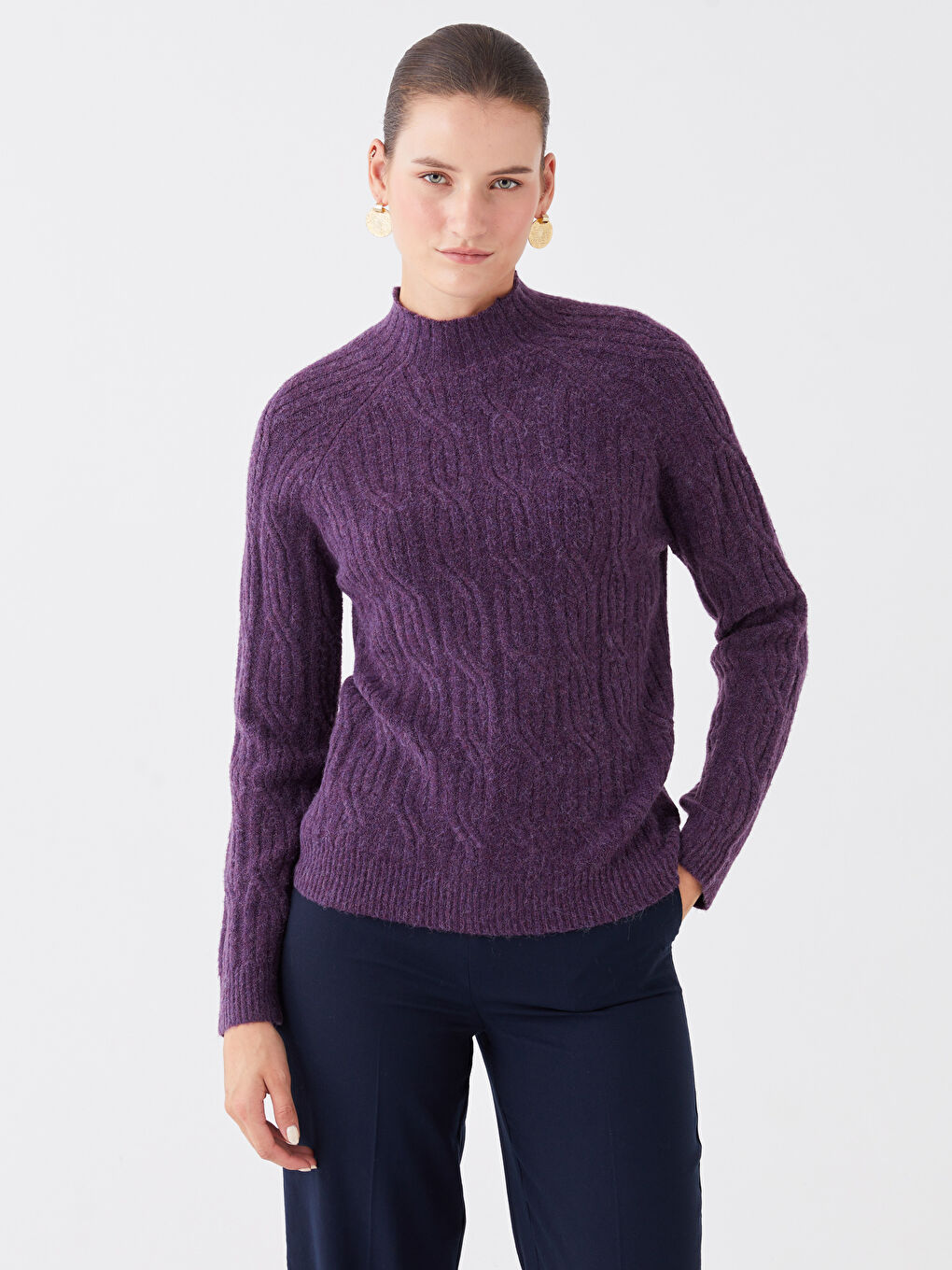 Свитер из трикотажа с длинным рукавом и полуводолазкой, с узором для женщин-2