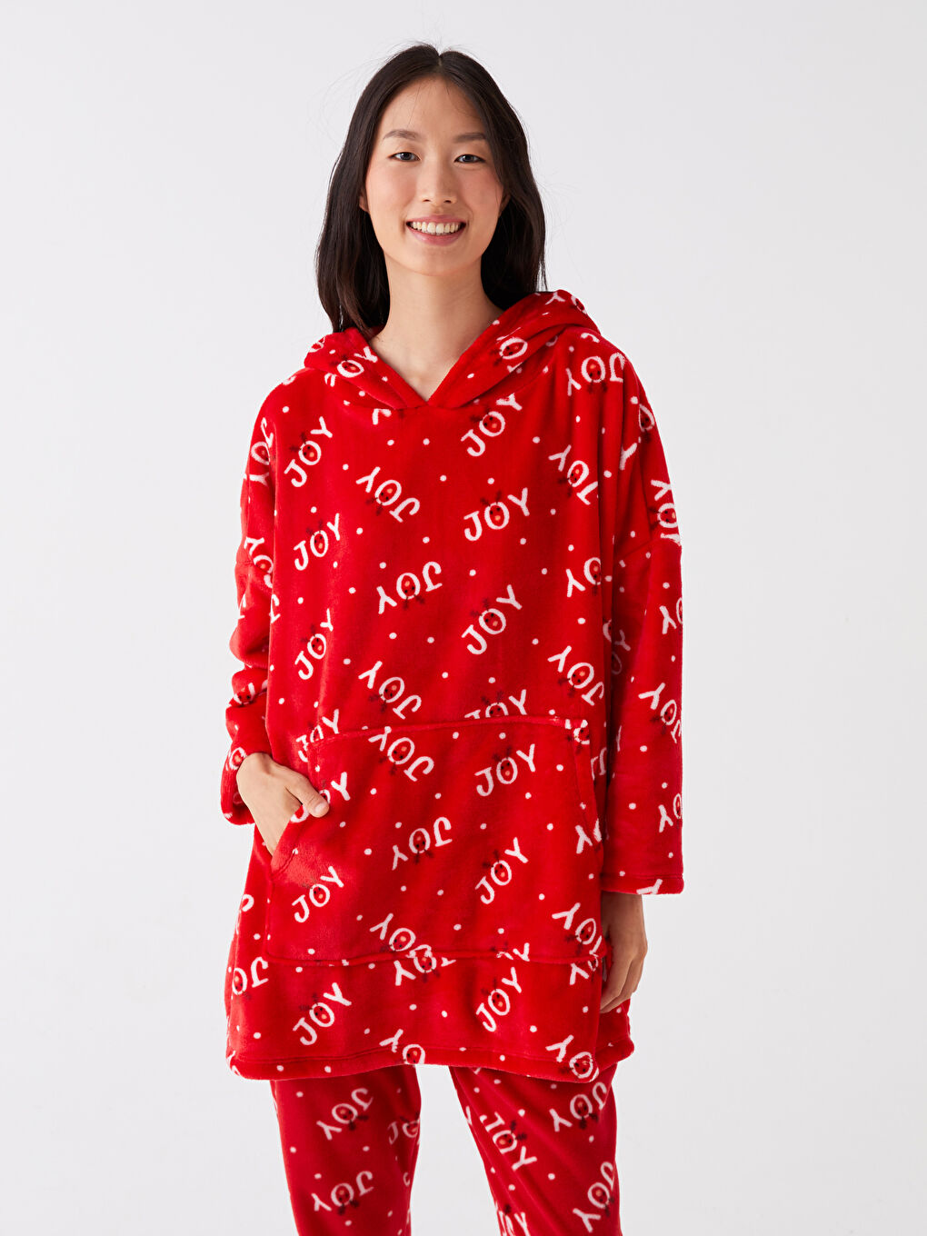 Hooded New Year Themed Long Sleeve Women's Plush Pajama Top