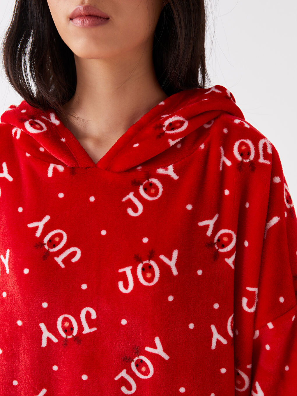 Hooded New Year Themed Long Sleeve Women's Plush Pajama Top-2
