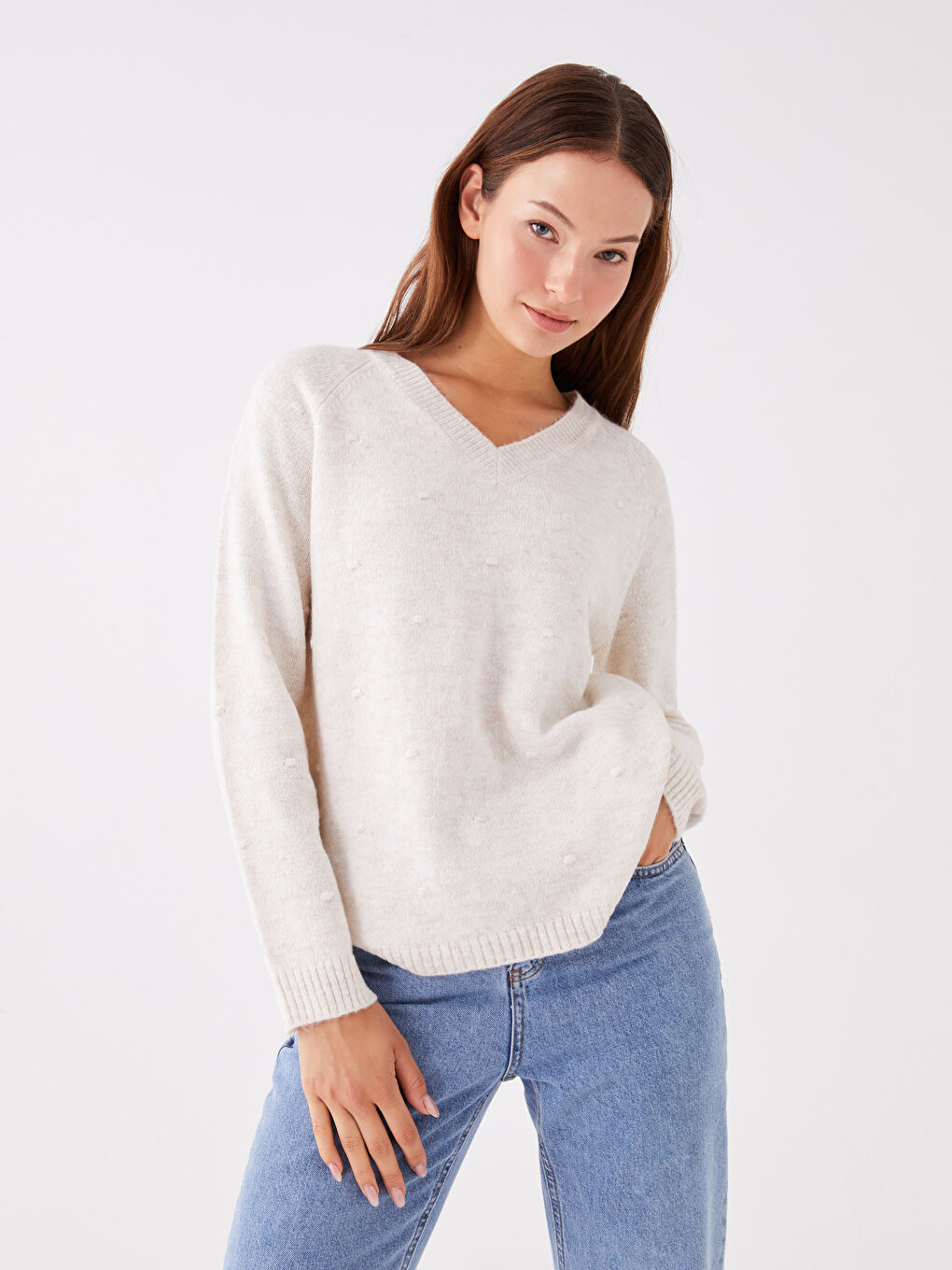 LCWAIKIKI Basic V Neck Plain Long Sleeve Women's Knitwear Sweater -W32861Z8-DCY