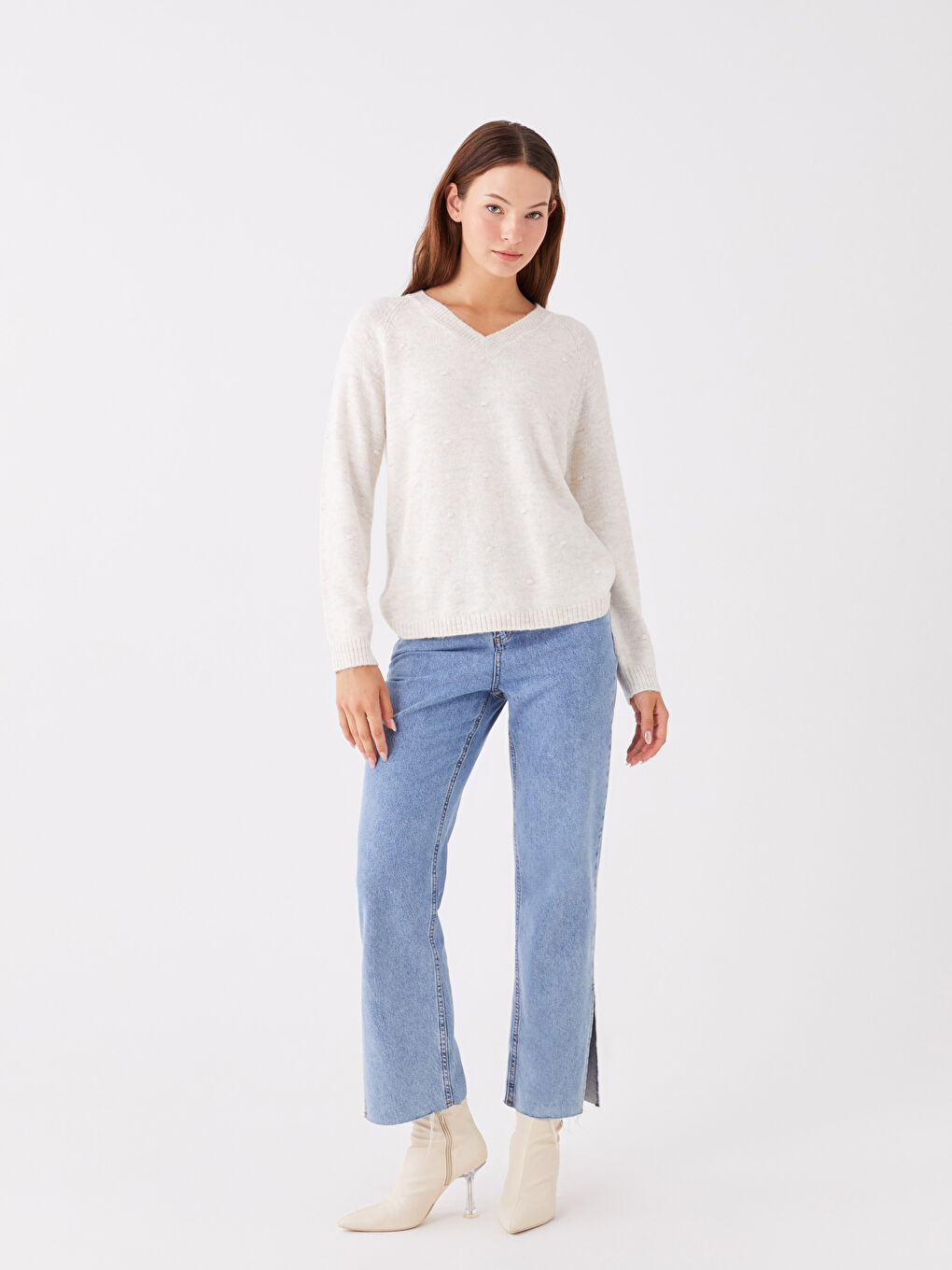 LCWAIKIKI Basic V Neck Plain Long Sleeve Women's Knitwear Sweater -W32861Z8-DCY