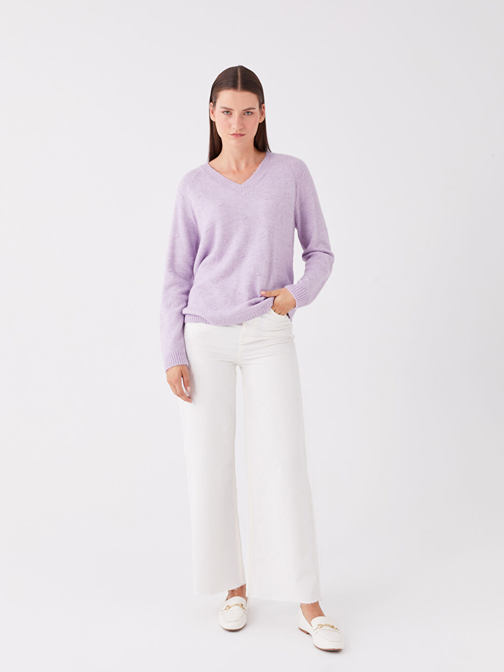 LCWAIKIKI Basic V Neck Plain Long Sleeve Women's Knitwear Sweater -W32861Z8-FNN