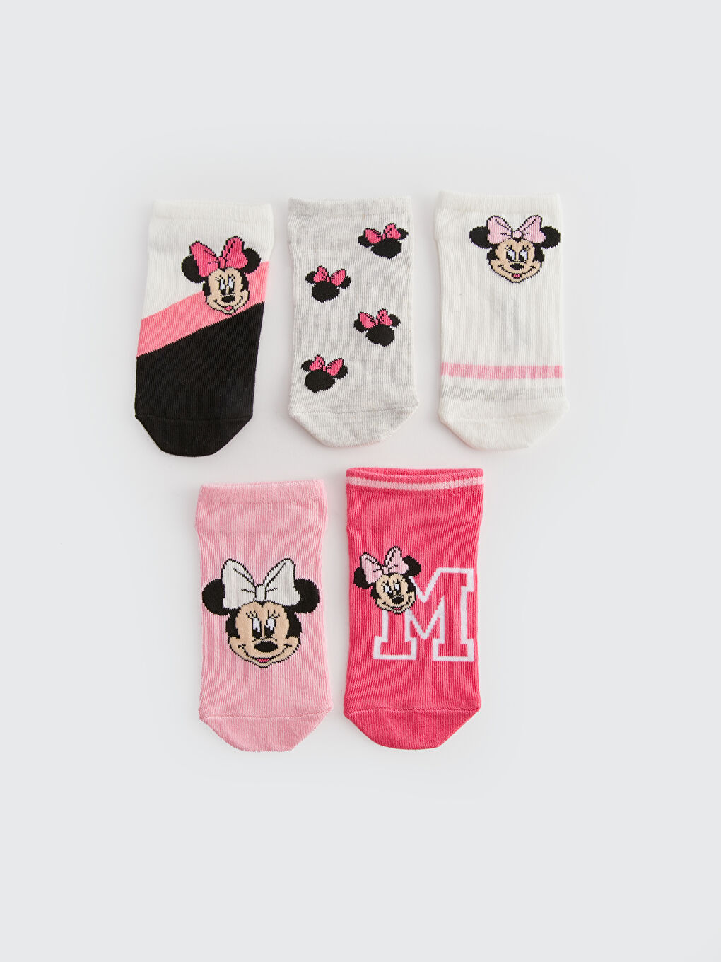 Ekru Minnie Mouse Desenli Kız Çocuk Patik Çorap 5'li