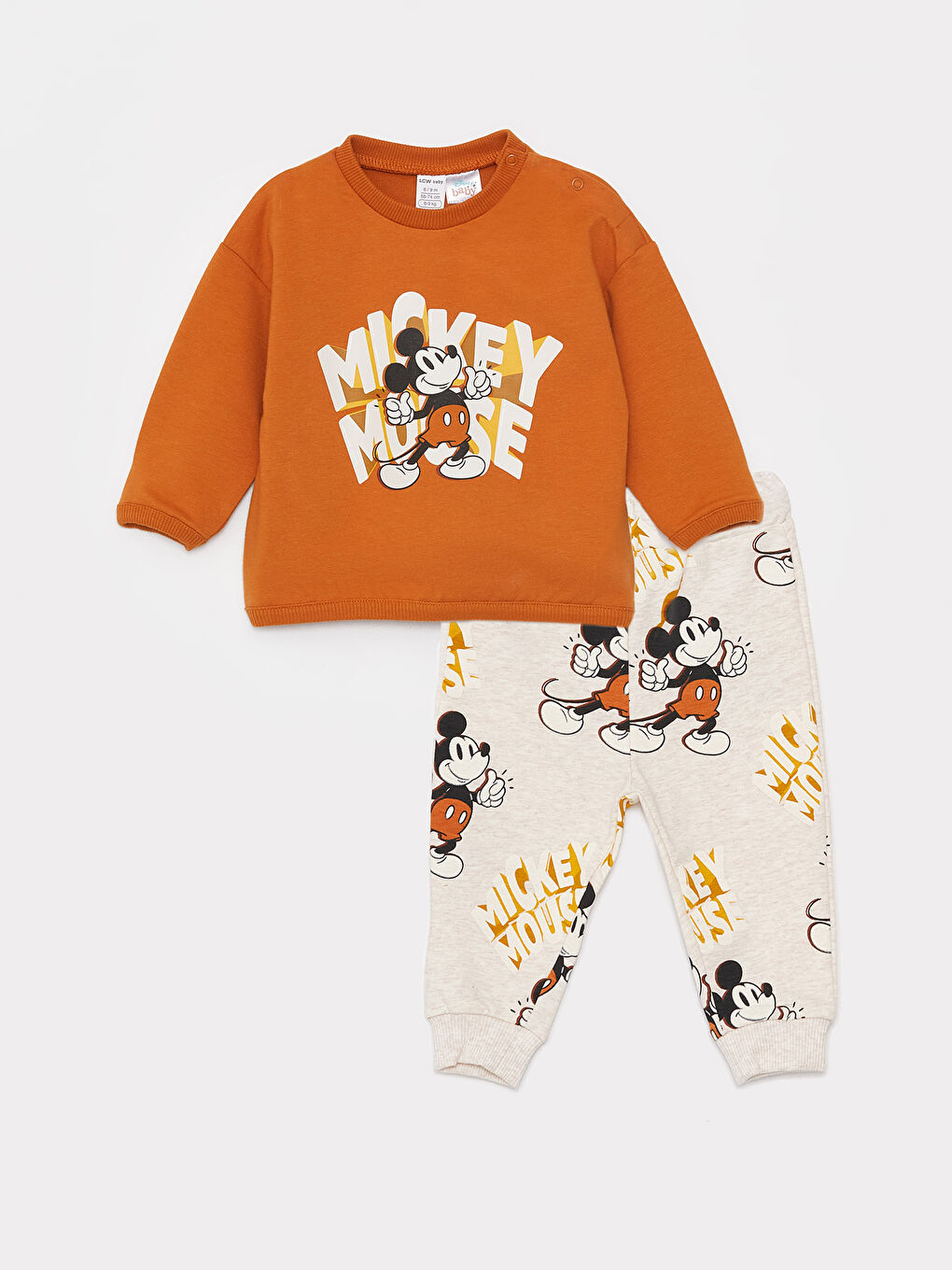 LCW baby Turuncu Bisiklet Yaka Uzun Kollu Mickey Mouse Baskılı Erkek Bebek Sweatshirt ve Pantolon 2'li Takım