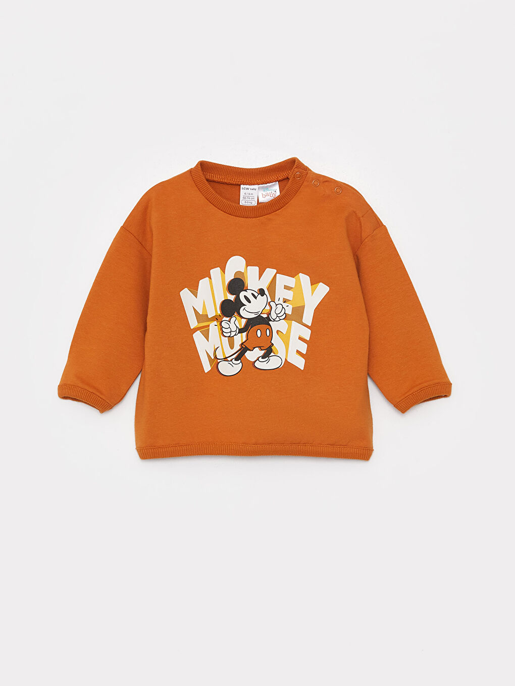 LCW baby Turuncu Bisiklet Yaka Uzun Kollu Mickey Mouse Baskılı Erkek Bebek Sweatshirt ve Pantolon 2'li Takım - 1