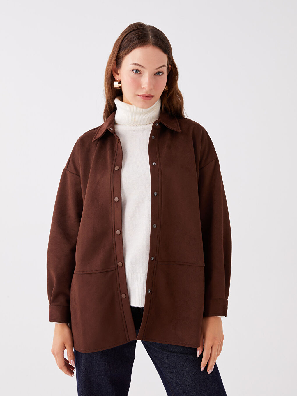 Kahverengi Düz Uzun Kollu Oversize Süet Kadın Gömlek Ceket