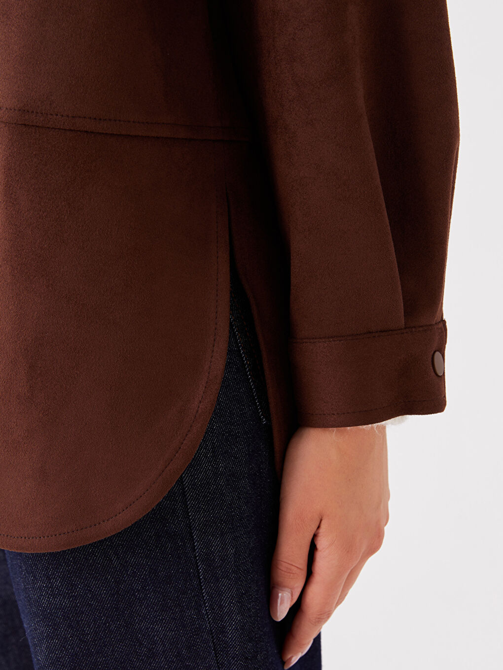 Kahverengi Düz Uzun Kollu Oversize Süet Kadın Gömlek Ceket-3