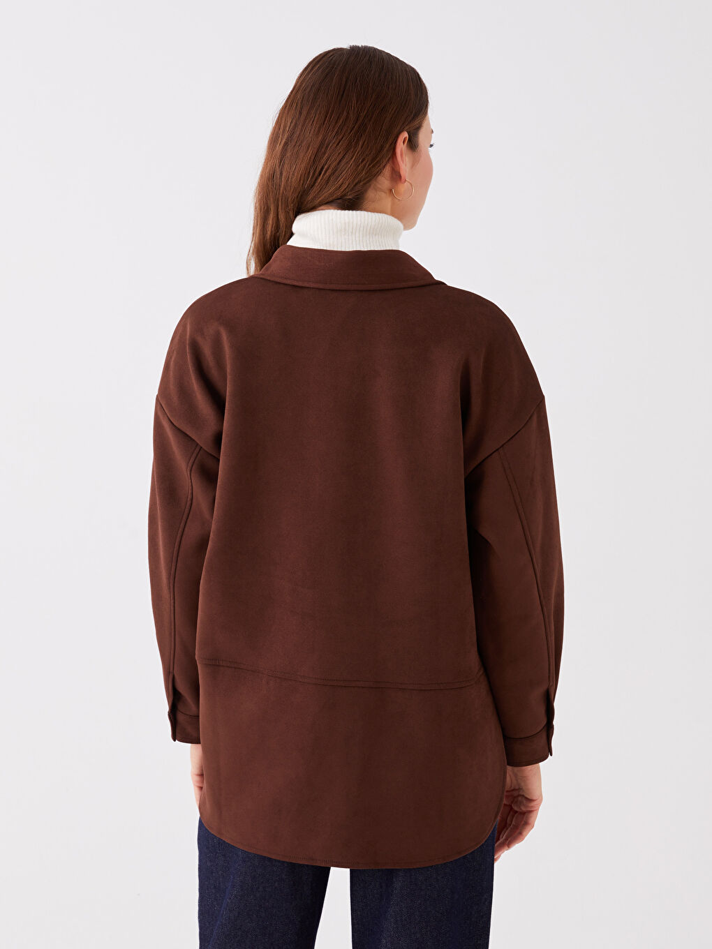 Kahverengi Düz Uzun Kollu Oversize Süet Kadın Gömlek Ceket-5