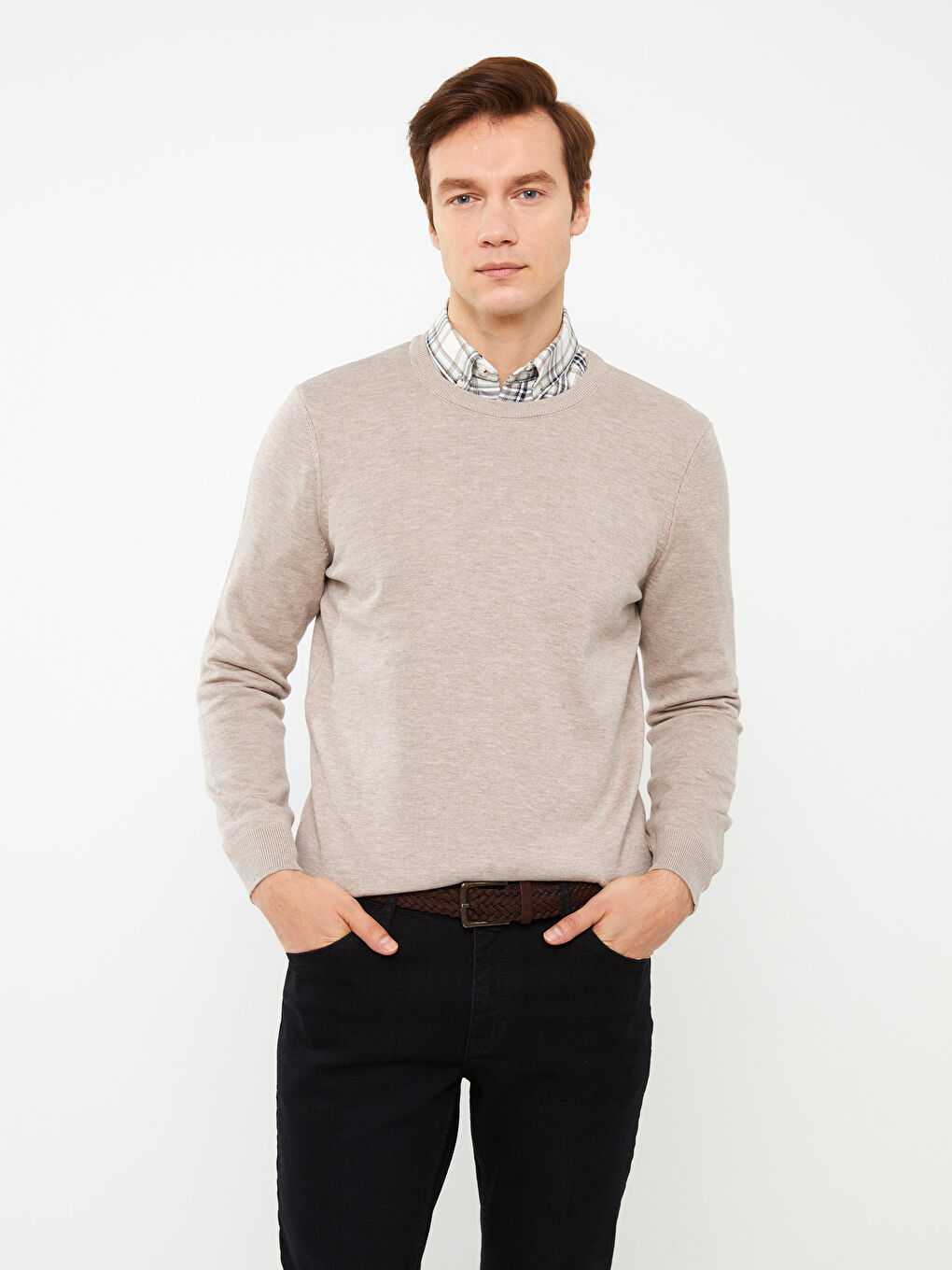 Bej Bisiklet Yaka Erkek Triko Kazak