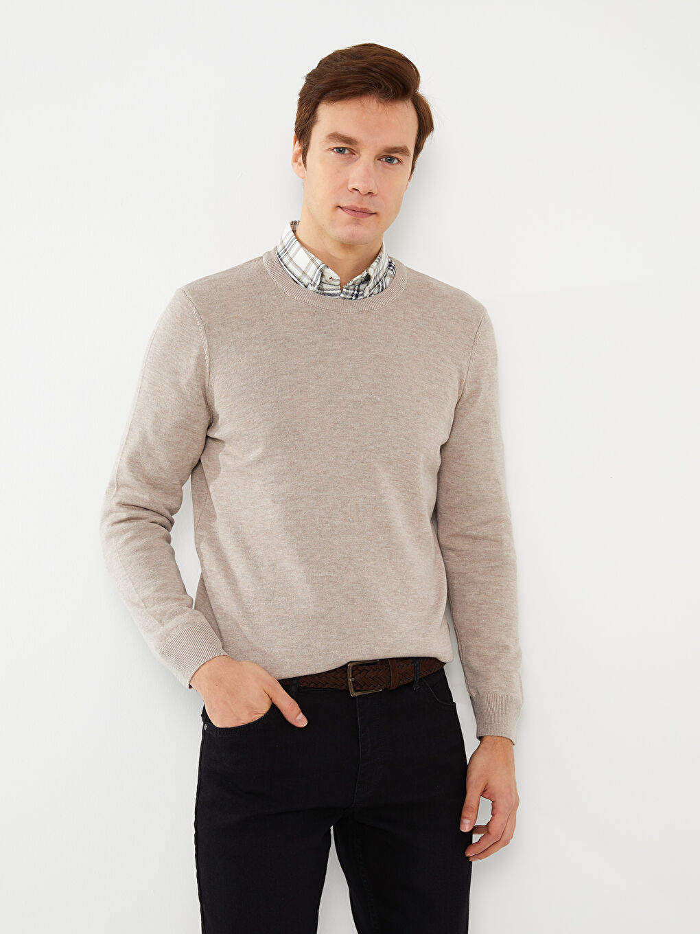 Bej Bisiklet Yaka Erkek Triko Kazak-1