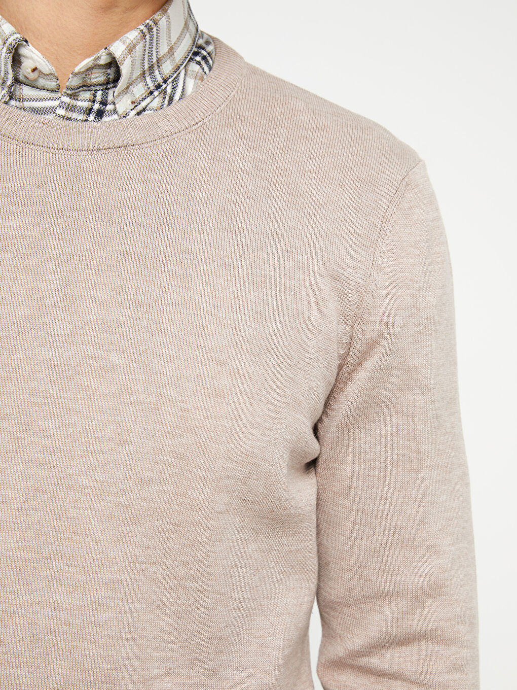 Bej Bisiklet Yaka Erkek Triko Kazak-3