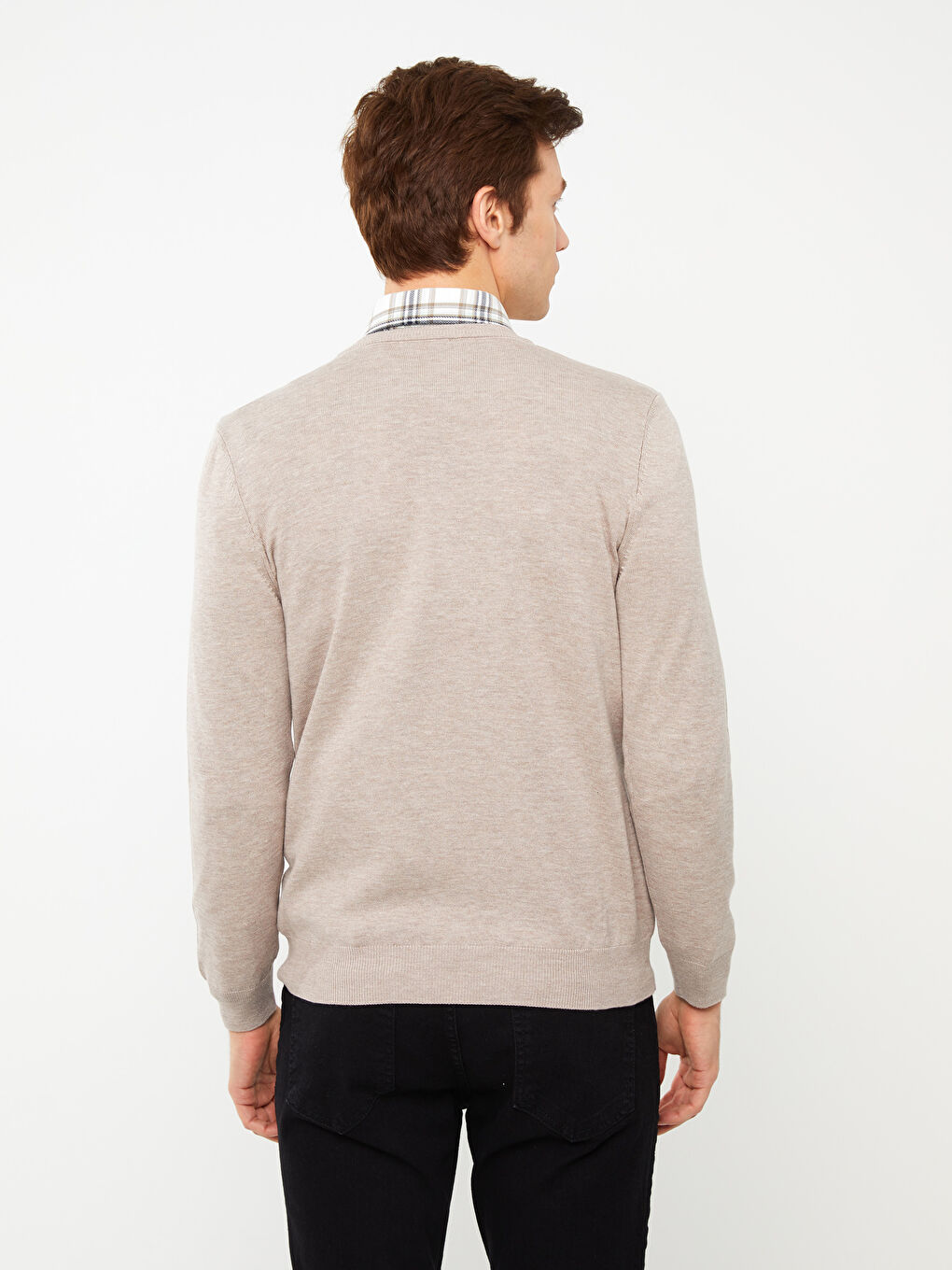 Bej Bisiklet Yaka Erkek Triko Kazak-4