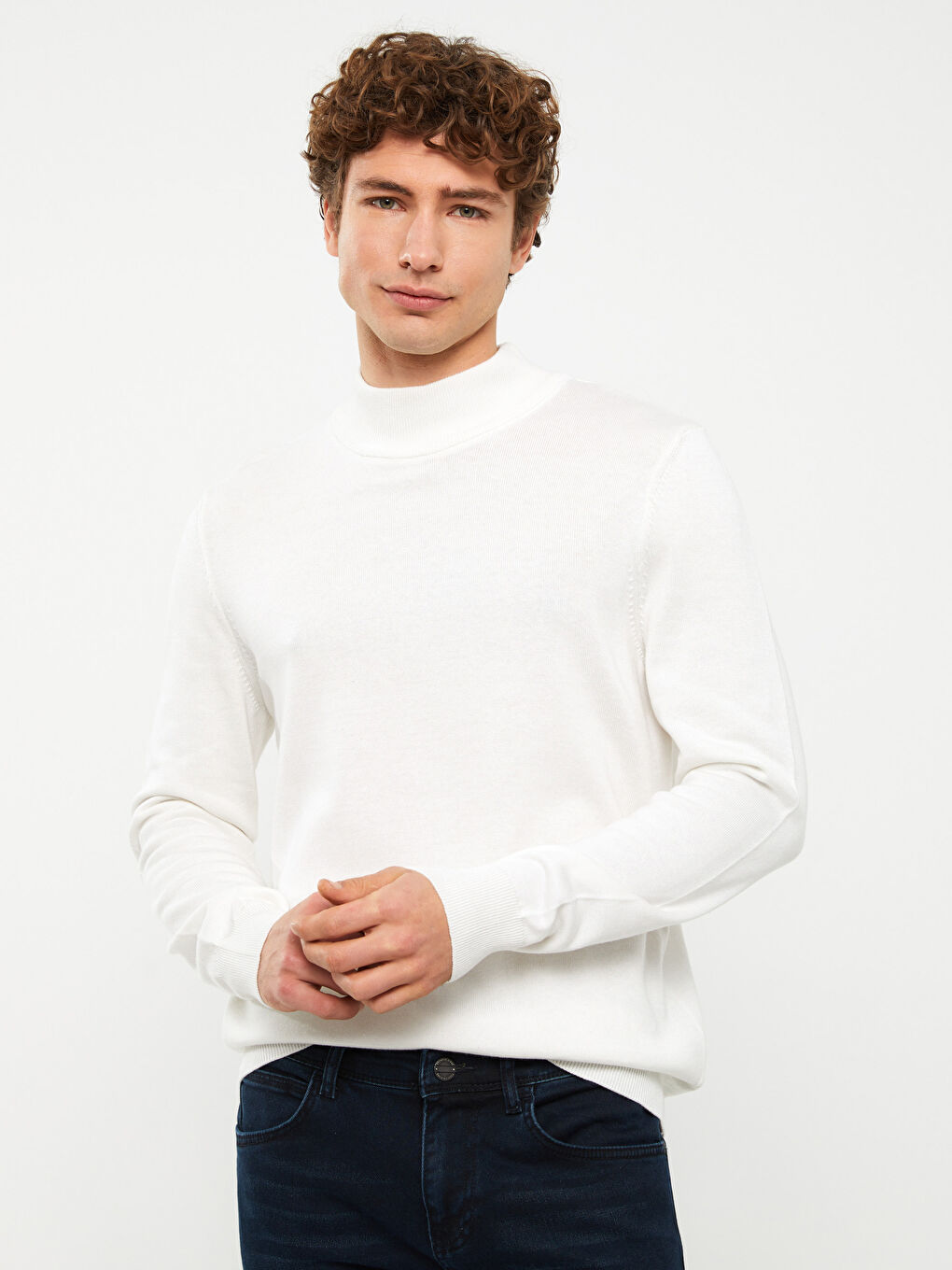 Ekru Yarım Balıkçı Yaka Uzun Kollu Erkek Triko Kazak