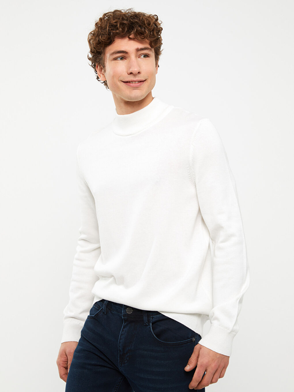 Ekru Yarım Balıkçı Yaka Uzun Kollu Erkek Triko Kazak-1