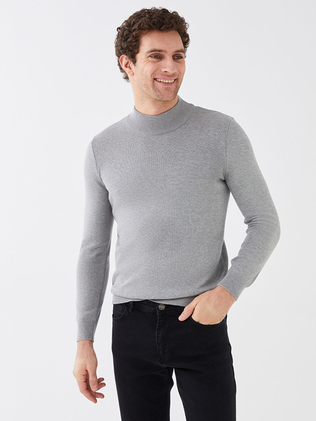 Gri Yarım Balıkçı Yaka Uzun Kollu Erkek Triko Kazak-1