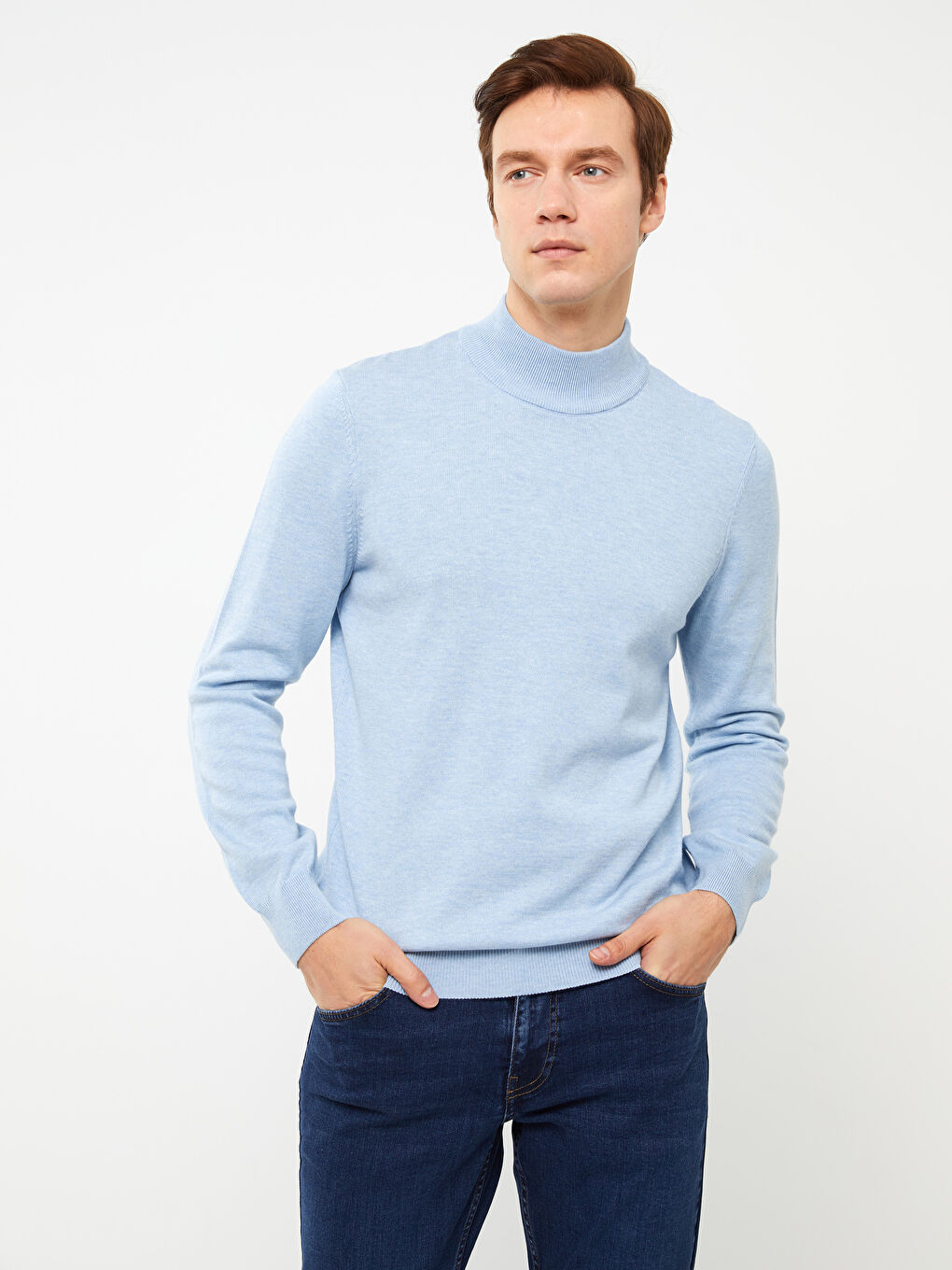 Mavi Yarım Balıkçı Yaka Uzun Kollu Erkek Triko Kazak-1