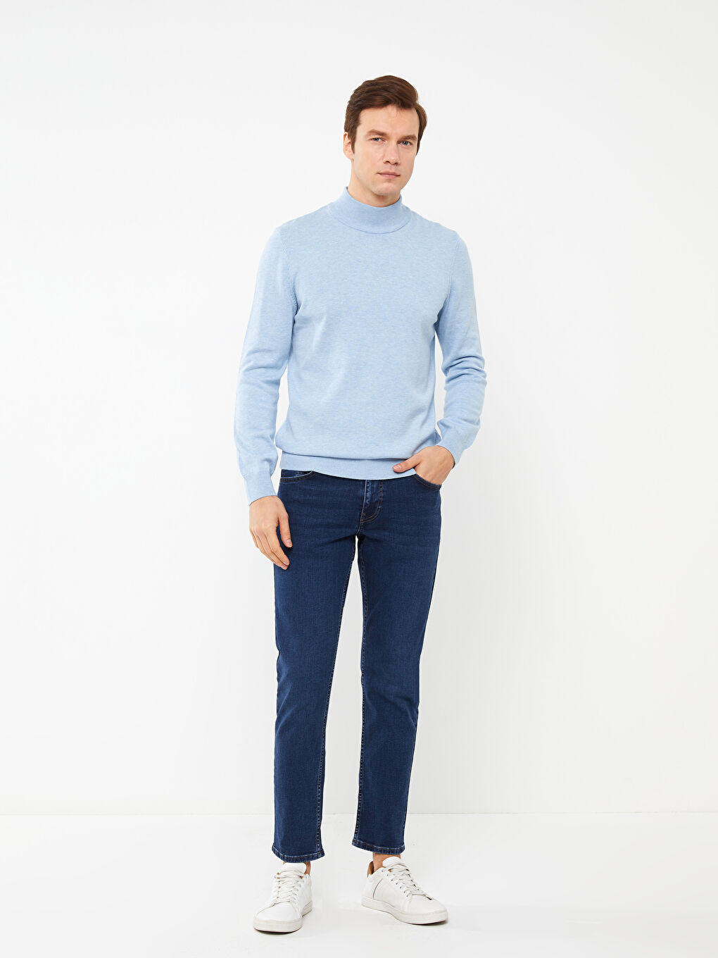 Mavi Yarım Balıkçı Yaka Uzun Kollu Erkek Triko Kazak-2