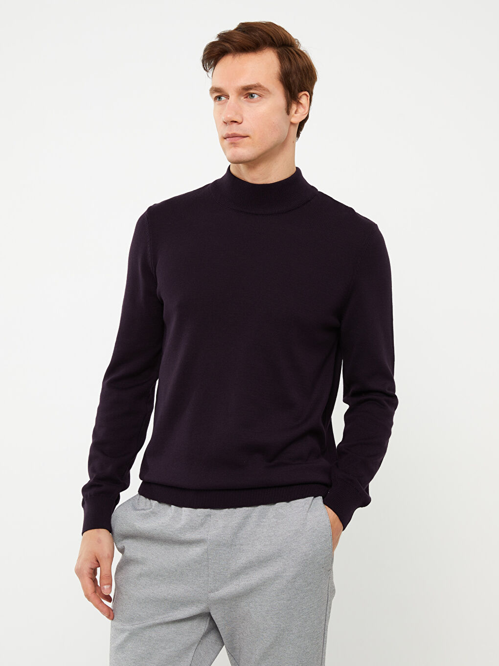 Mor Yarım Balıkçı Yaka Uzun Kollu Erkek Triko Kazak-1