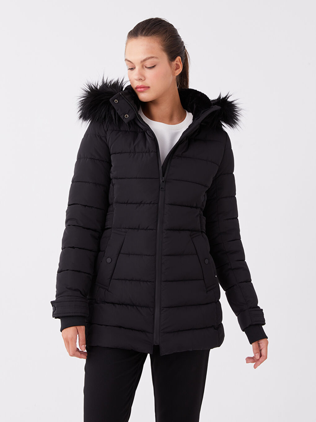 Women's Hooded Plain Puffer Coat-1