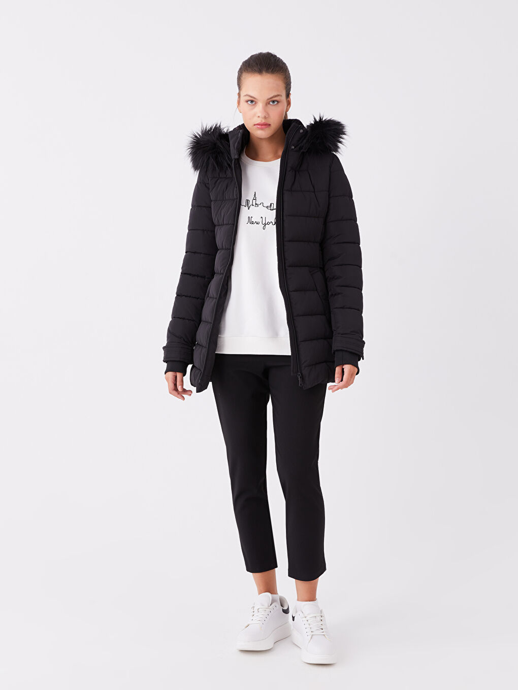 Women's Hooded Plain Puffer Coat-2