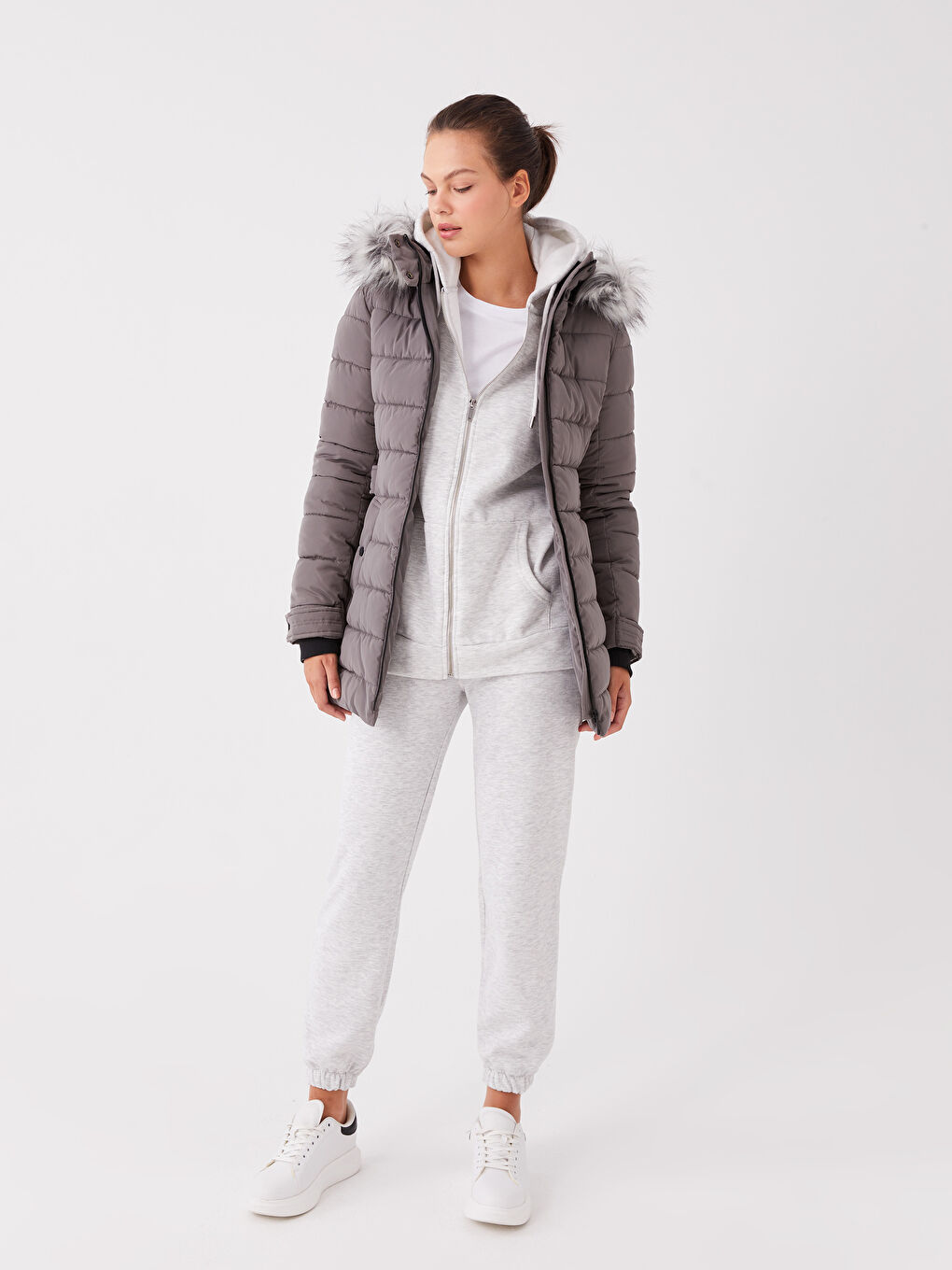 Women's Hooded Plain Puffer Coat-2