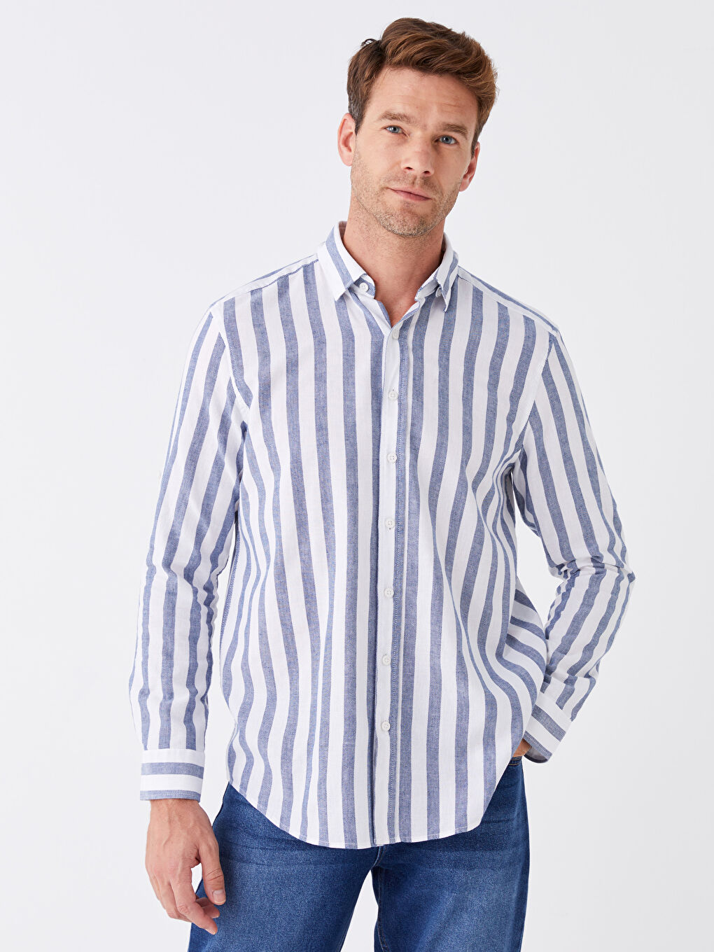 İndigo Regular Fit Uzun Kollu Çizgili Erkek Gömlek