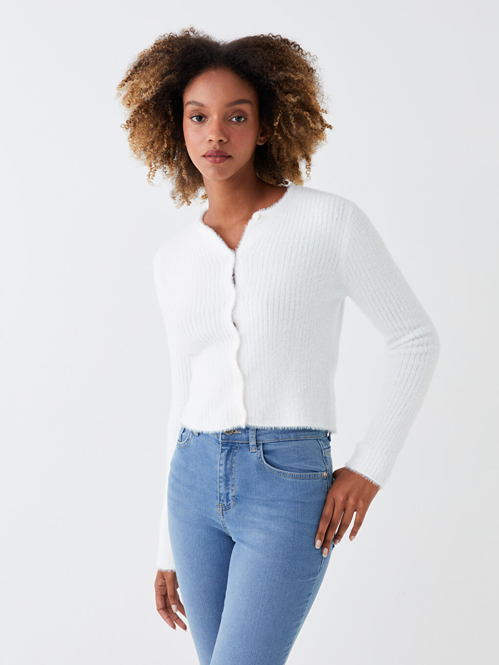 Crew Neck Plain Long Sleeve Women's Knitwear Cardigan