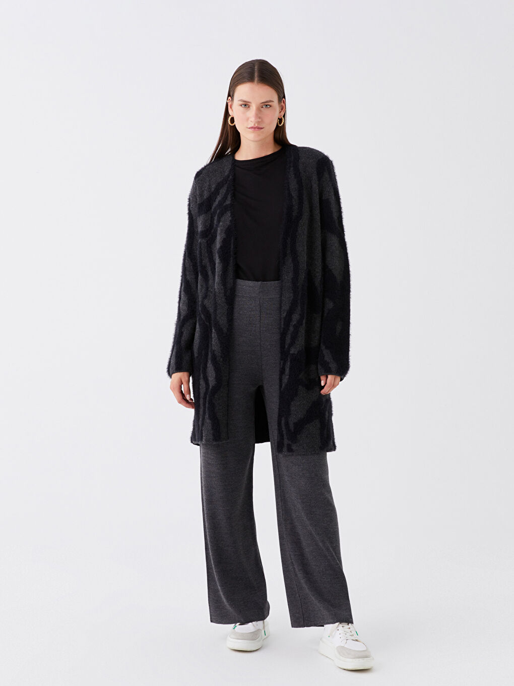 Antrasit Şal Yaka Desenli Uzun Kollu Kadın Triko Hırka