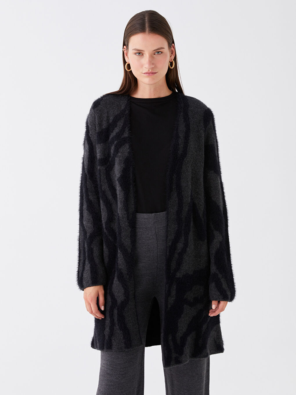 Antrasit Şal Yaka Desenli Uzun Kollu Kadın Triko Hırka-1