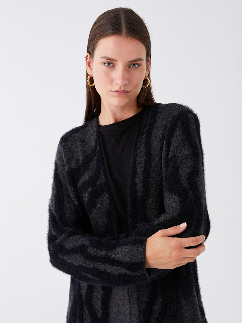 Antrasit Şal Yaka Desenli Uzun Kollu Kadın Triko Hırka-2