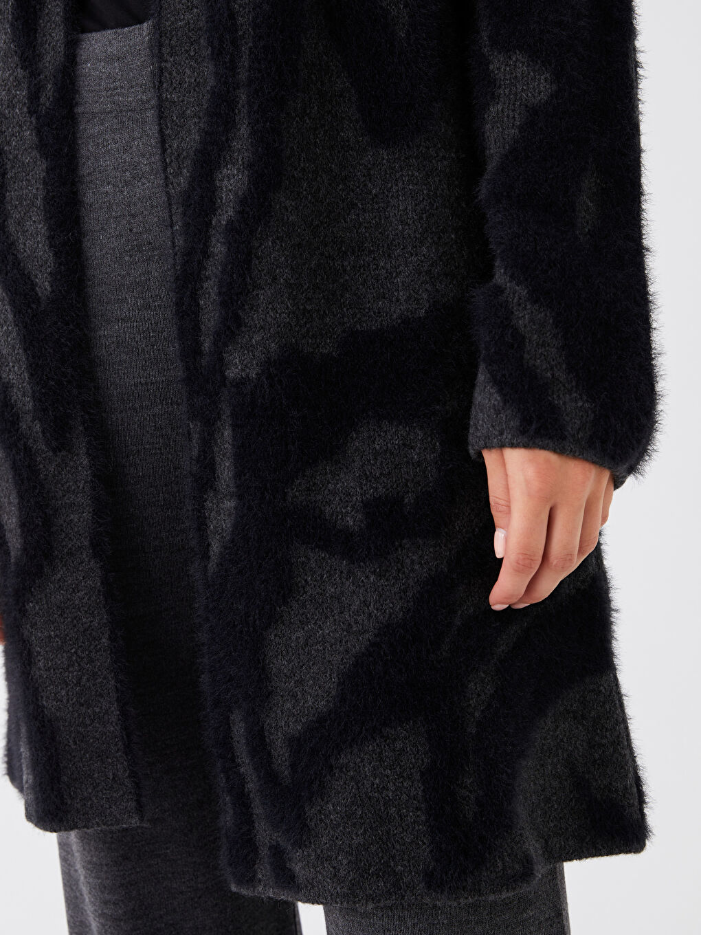 Antrasit Şal Yaka Desenli Uzun Kollu Kadın Triko Hırka-3