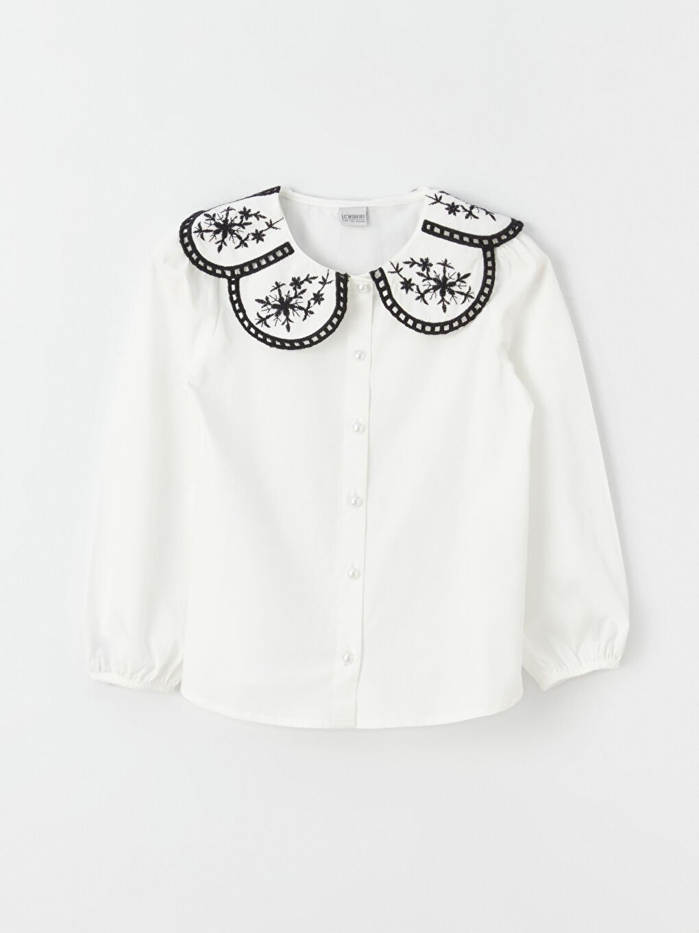 Chemise Fille à Col Claudine Brodée à Manches Longues
