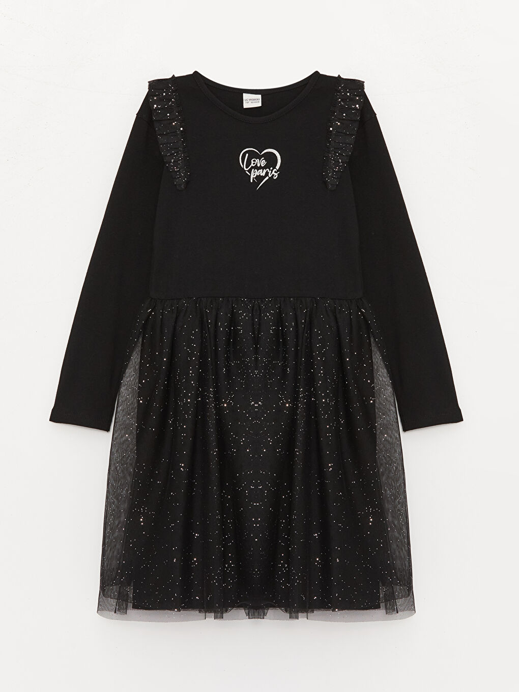 Siyah Bisiklet Yaka Baskılı Uzun Kollu Kız Çocuk Elbise