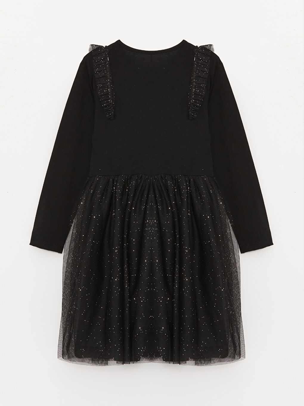 Siyah Bisiklet Yaka Baskılı Uzun Kollu Kız Çocuk Elbise-1