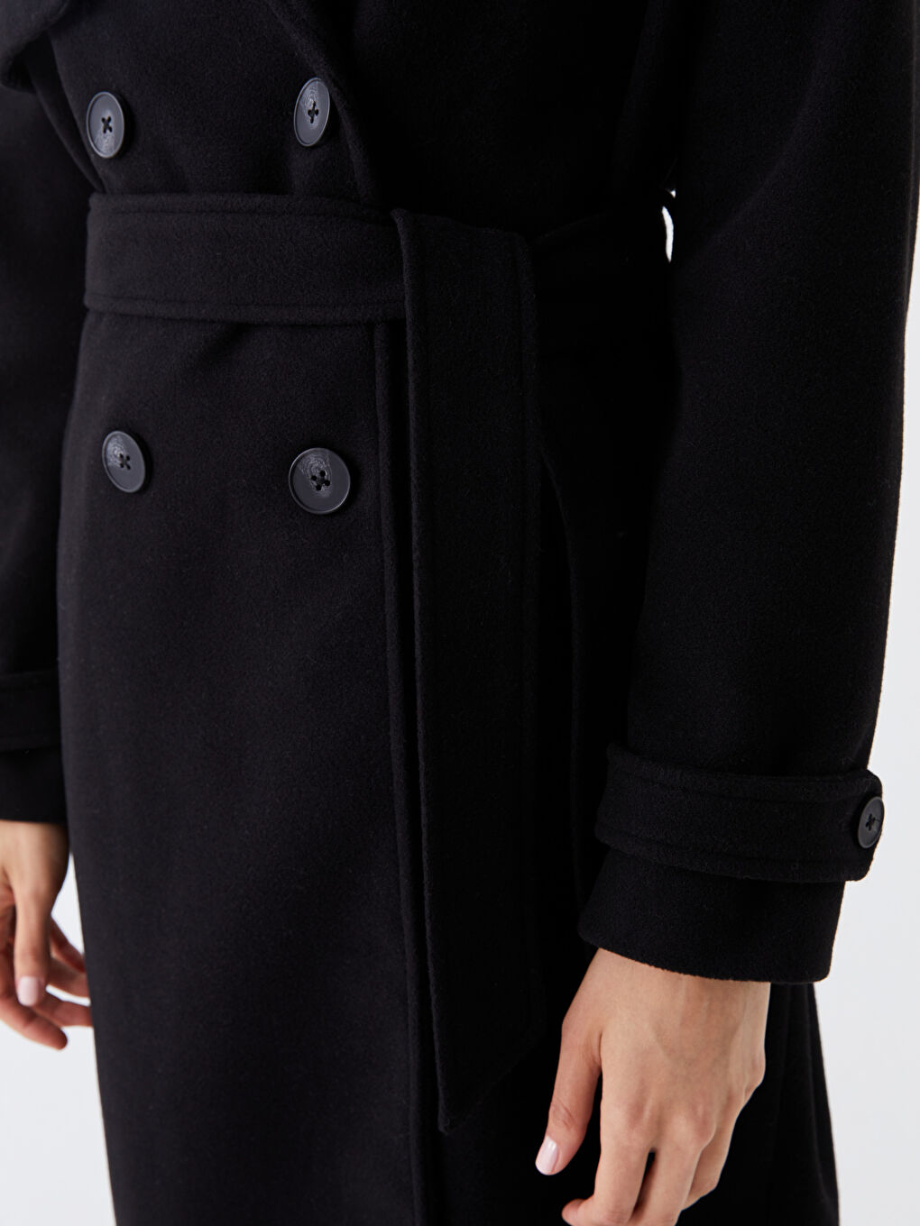 Siyah Kadın Kruvaze Yaka Düz Kaşe Kaban-4