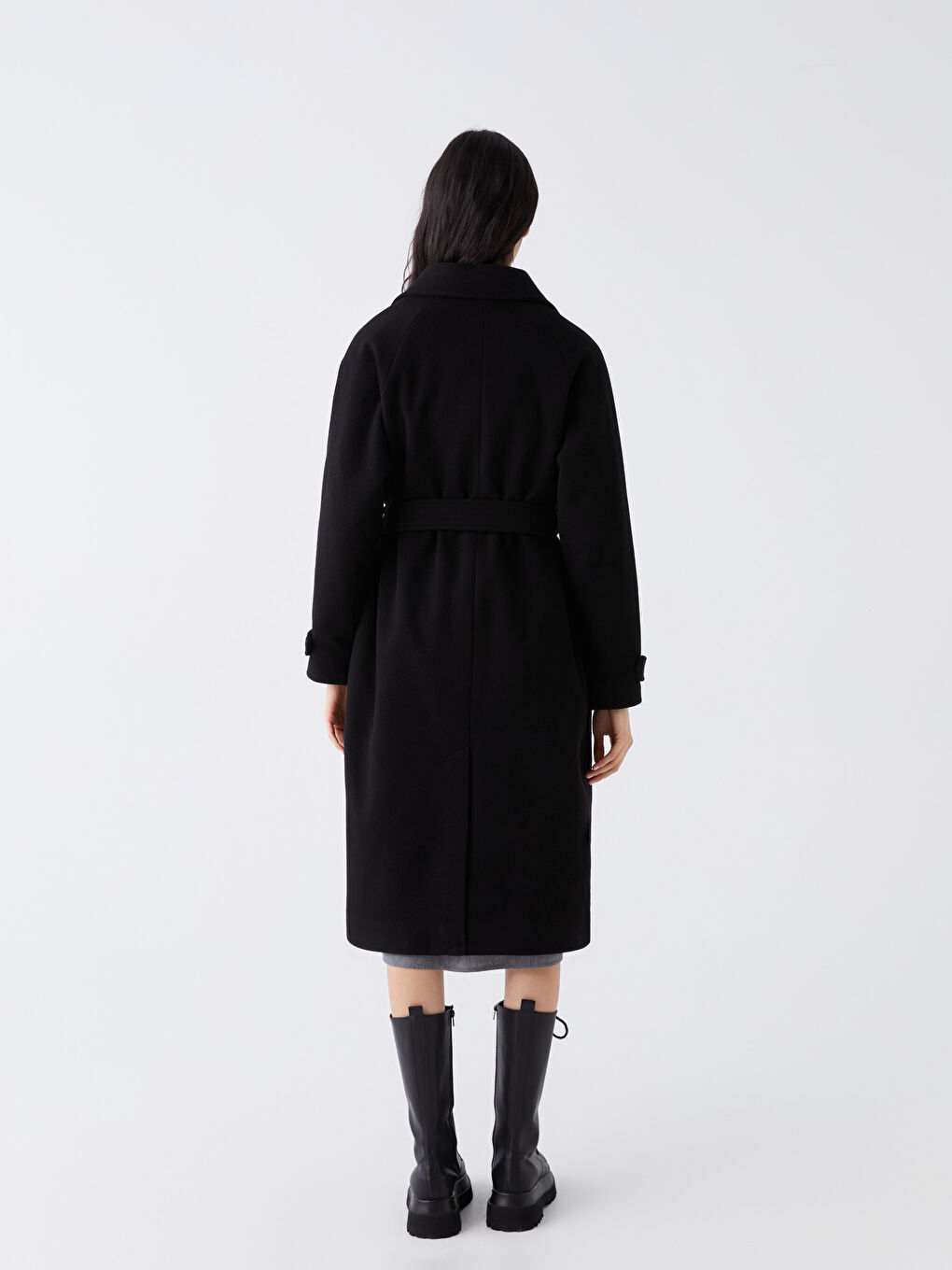 Siyah Kadın Kruvaze Yaka Düz Kaşe Kaban-5