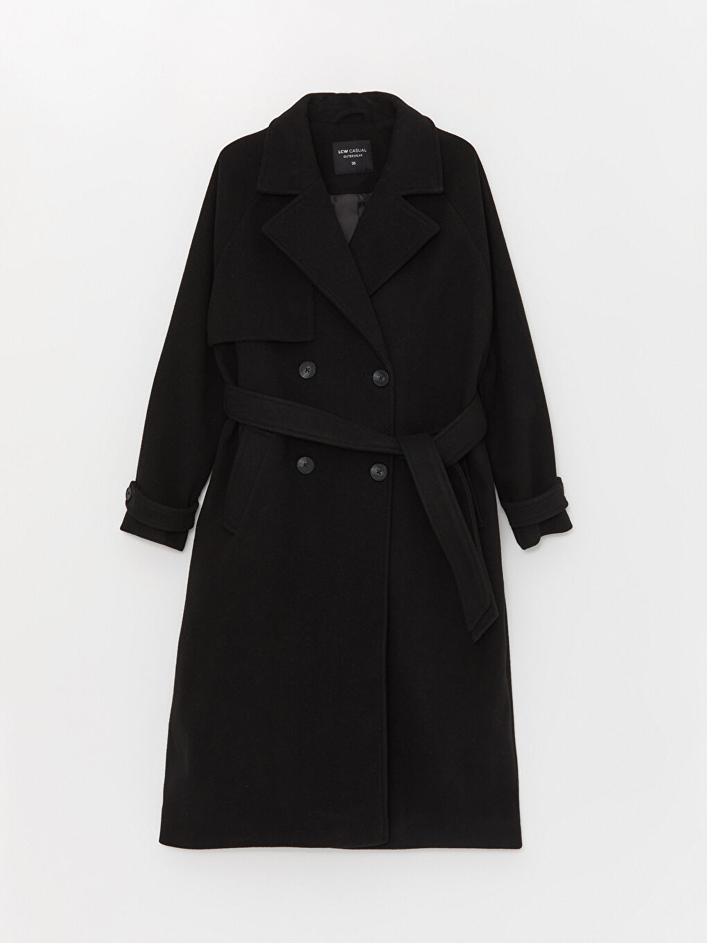 Siyah Kadın Kruvaze Yaka Düz Kaşe Kaban-6